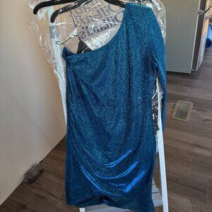 Charlotte Russe Blue Disco One-Shoulder Long Sleeve Form-Fitting Dress | Size L